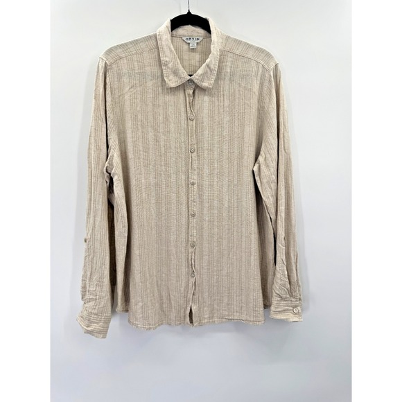 Orvis Tops - Orvis Large Linen Casual Button Down Long Sleeve Khaki Striped Coastal Preppy